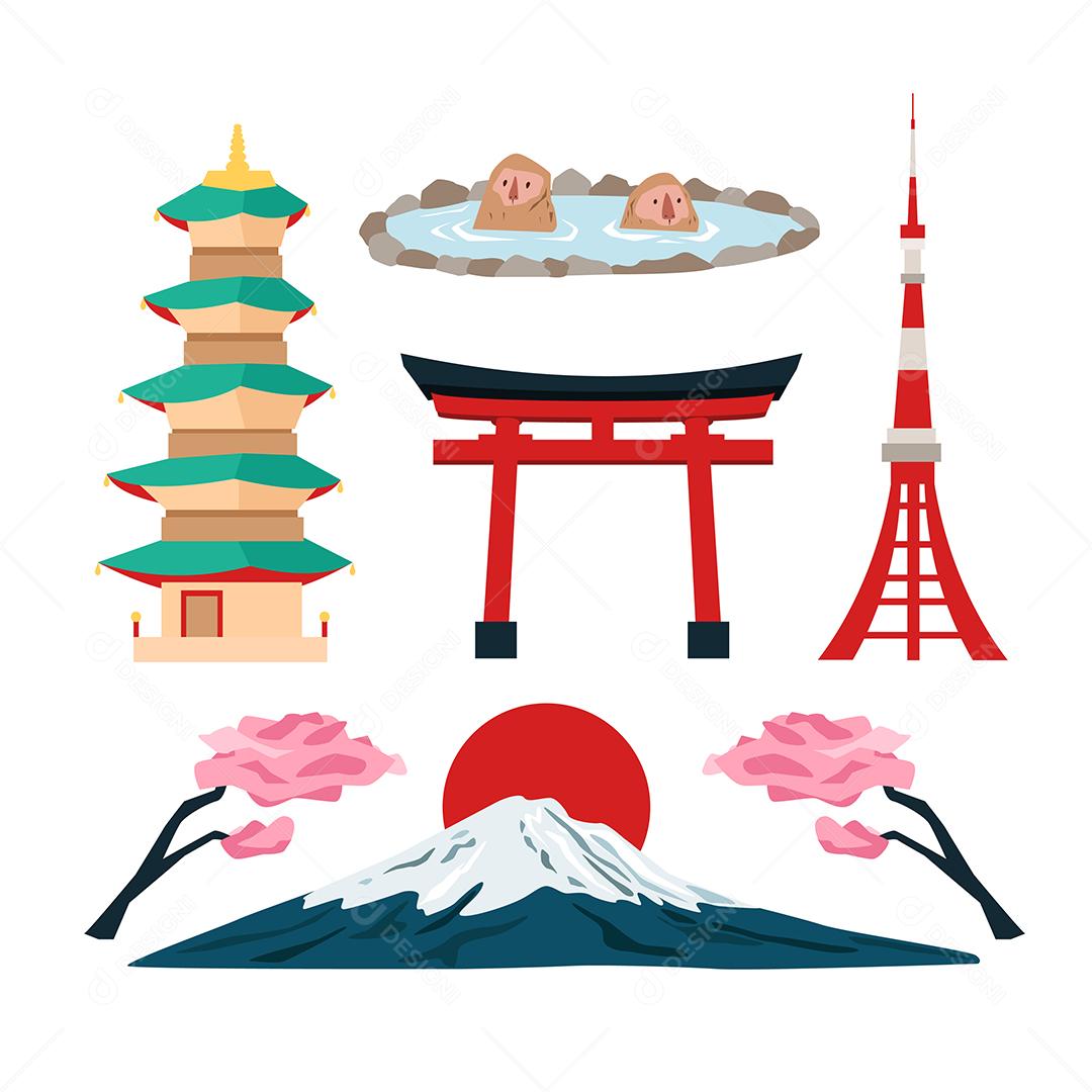 Marcos asiáticos edifícios históricos da cidade e construções Vetores EPS