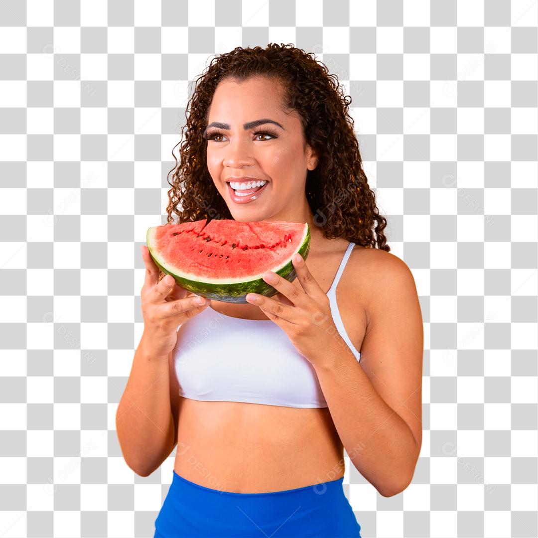 Bela jovem afro posando com melancia