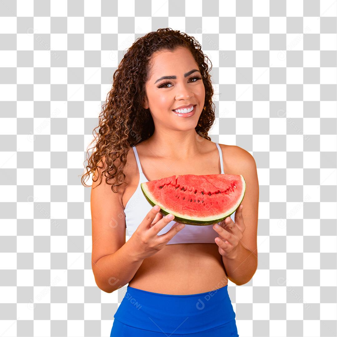 Bela jovem afro posando com melancia