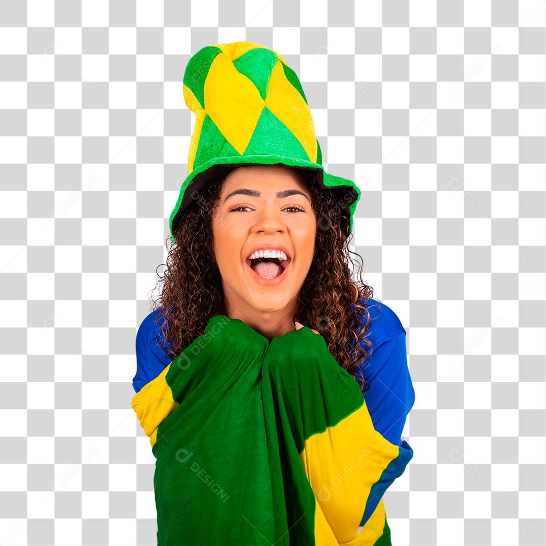 Fã brasileira comemorando o jogo de futebol