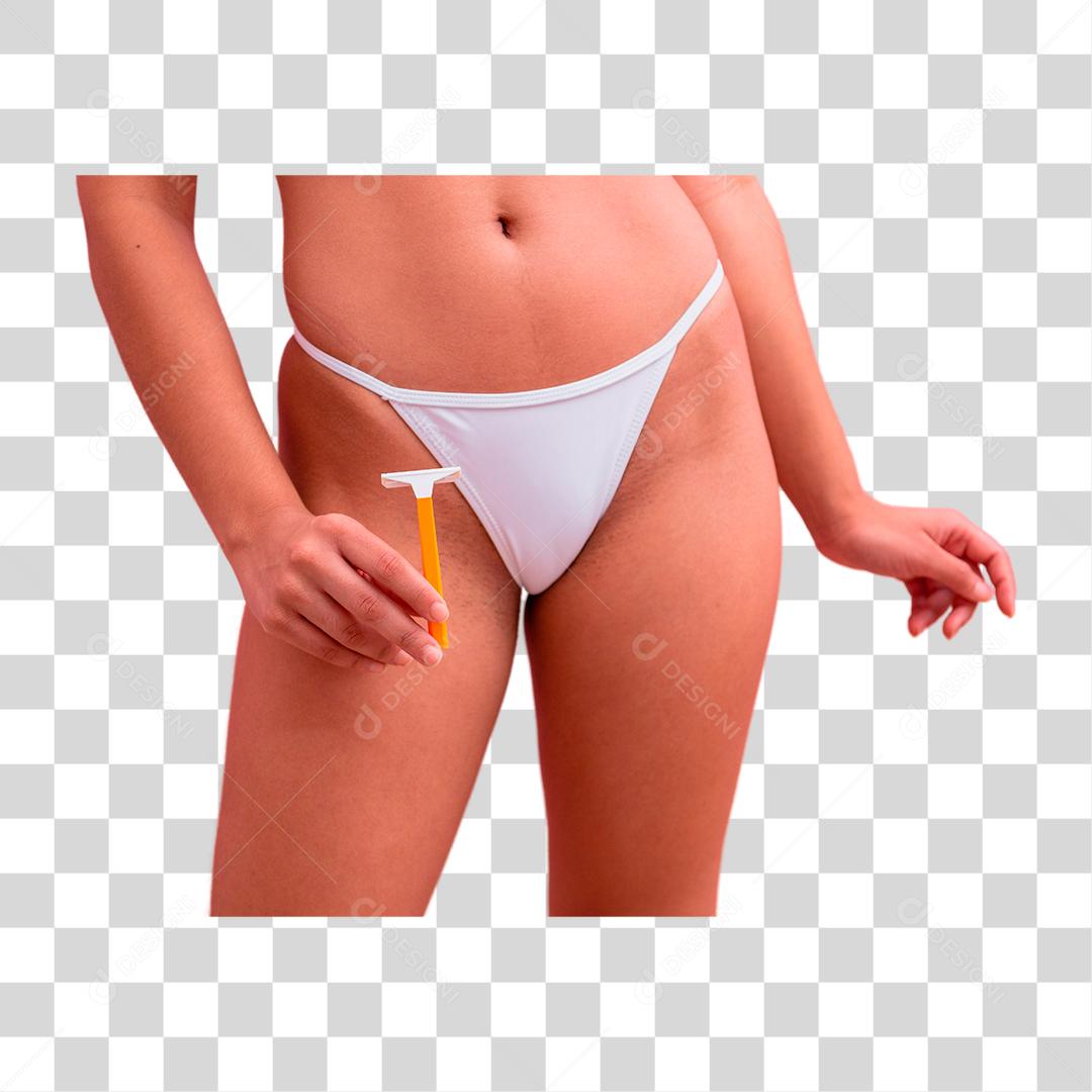 Jovem morena de calcinha branca segurando uma lâmina de barbear