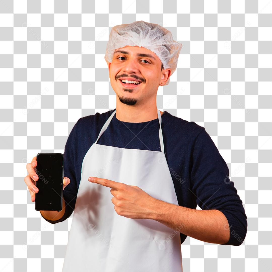 Menino de avental apontando para celular. Estudante de gastronomia