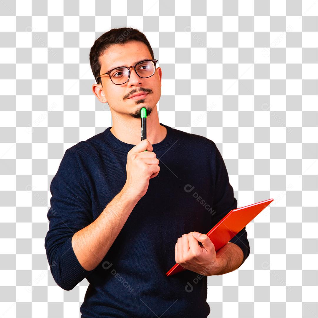 estudante pensando e segurando uma prancheta vermelha