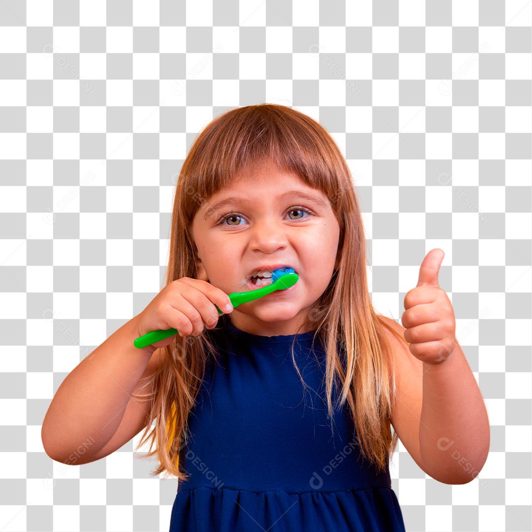 Menina escovando os dentes e polegares para cima