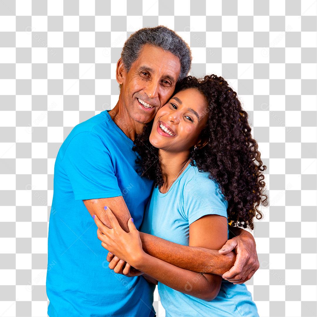 Pai e filha abraçados com camisetas azuis