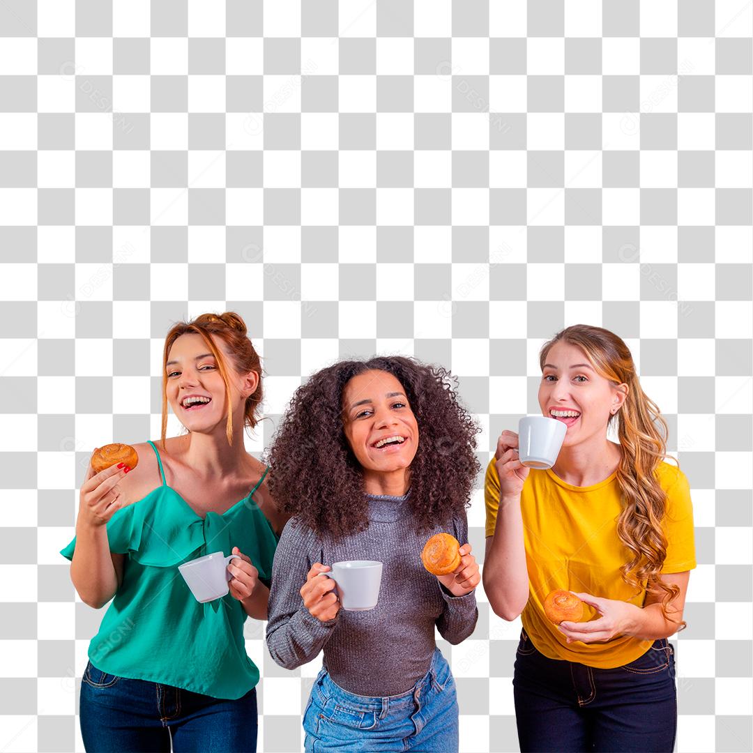 Amigos no chá da tarde comendo rosquinhas e tomando café com leite