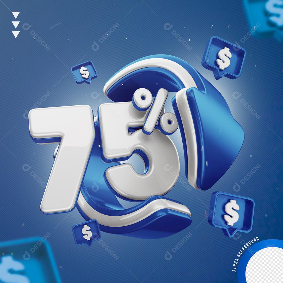 Elemento 3D 75% Por Cento Branco e Azul para Composição PNG Transparente Sem Fundo