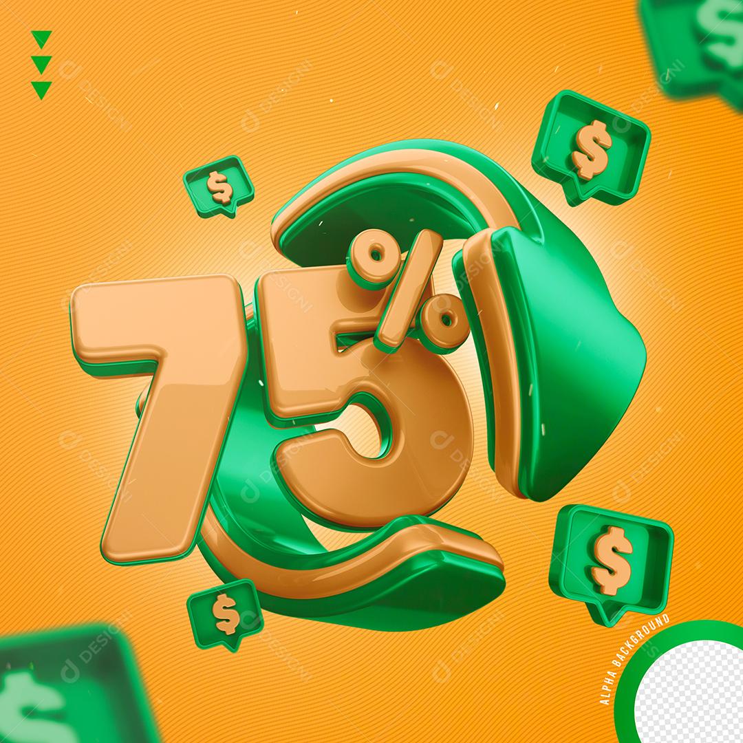 Elemento 3D 75% Por Cento Laranjado e Verde para Composição PNG Transparente Sem Fundo