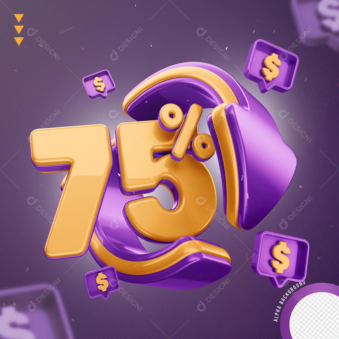 Elemento 3D 75% Por Cento Laranjado e Roxo para Composição PNG Transparente Sem Fundo