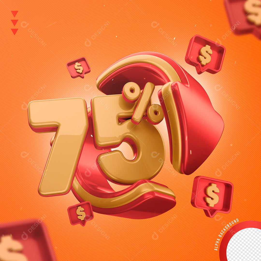 Elemento 3D 75% Por Cento Laranjado e Vermelho para Composição PNG Transparente Sem Fundo