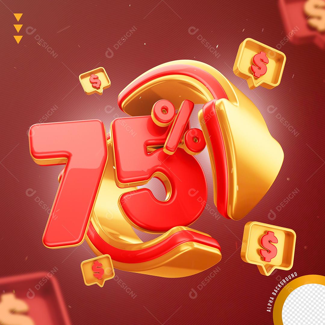 Elemento 3D 75% Por Cento Vermelho e Dourado para Composição PNG Transparente Sem Fundo