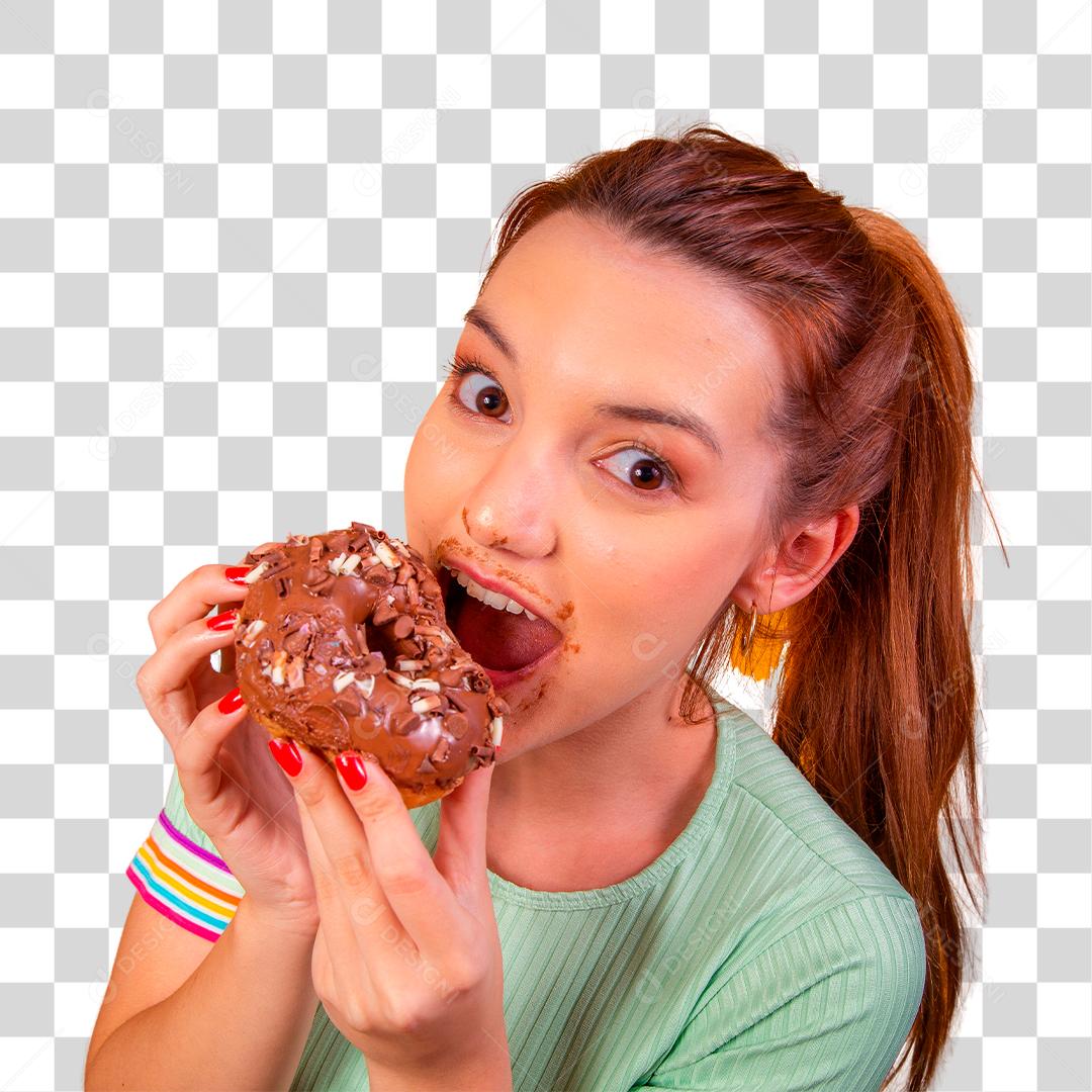Jovem ruiva comendo deliciosos donuts de chocolate