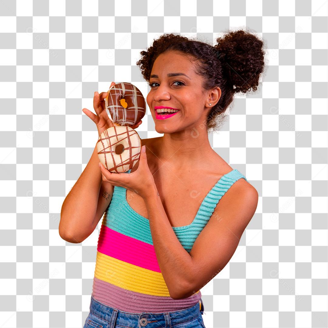 Linda Jovem Afro segurando Donuts de chocolate