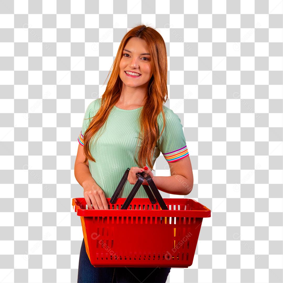 Linda Mulher ruiva sorridente segurando a cesta de compras vazia