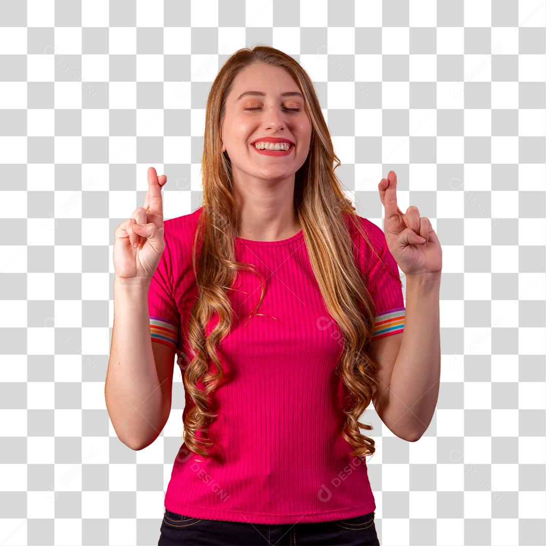 Mulher Loira Jovem com dedos cruzados sorte