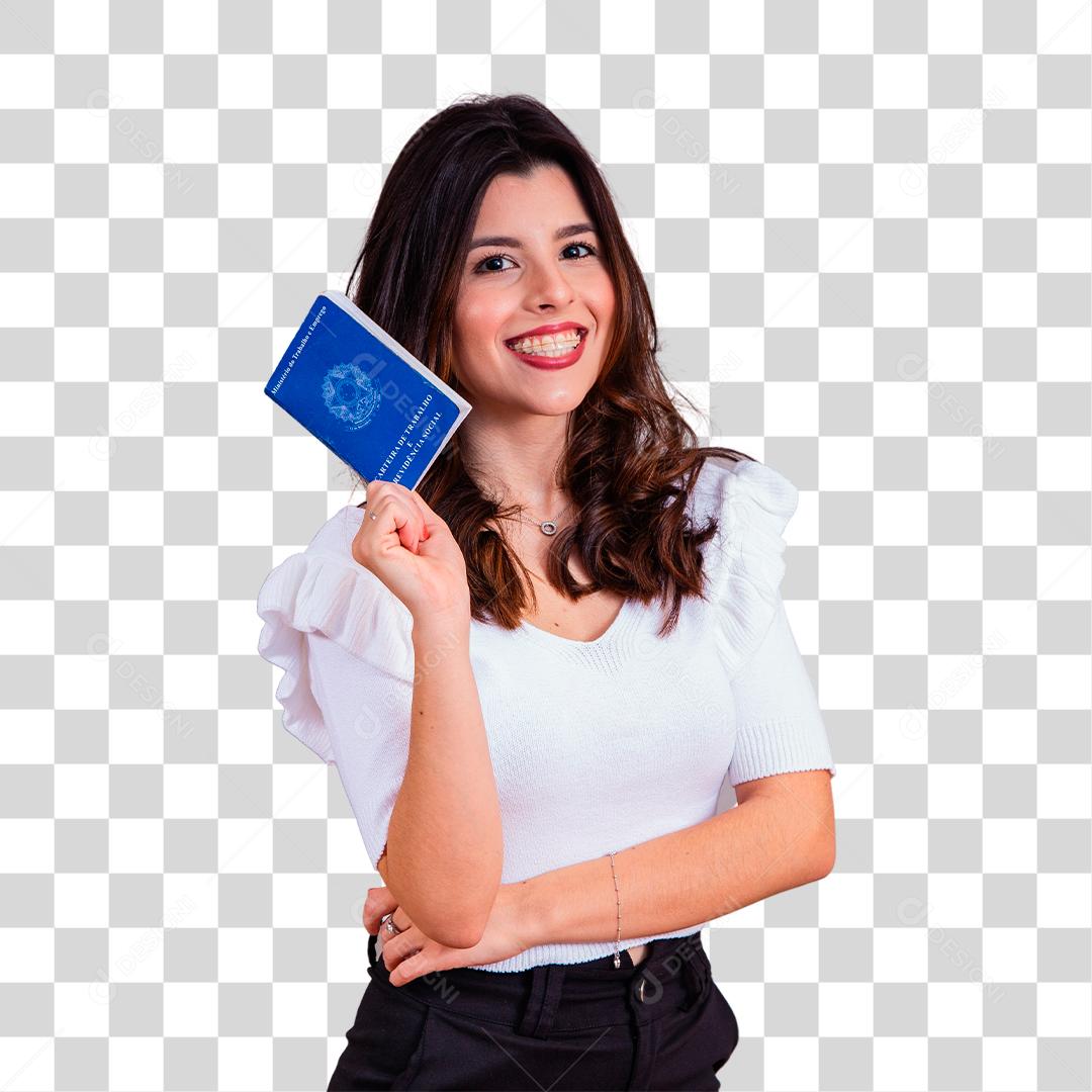 Mulher bonita com roupa branca segurando carteira de trabalho