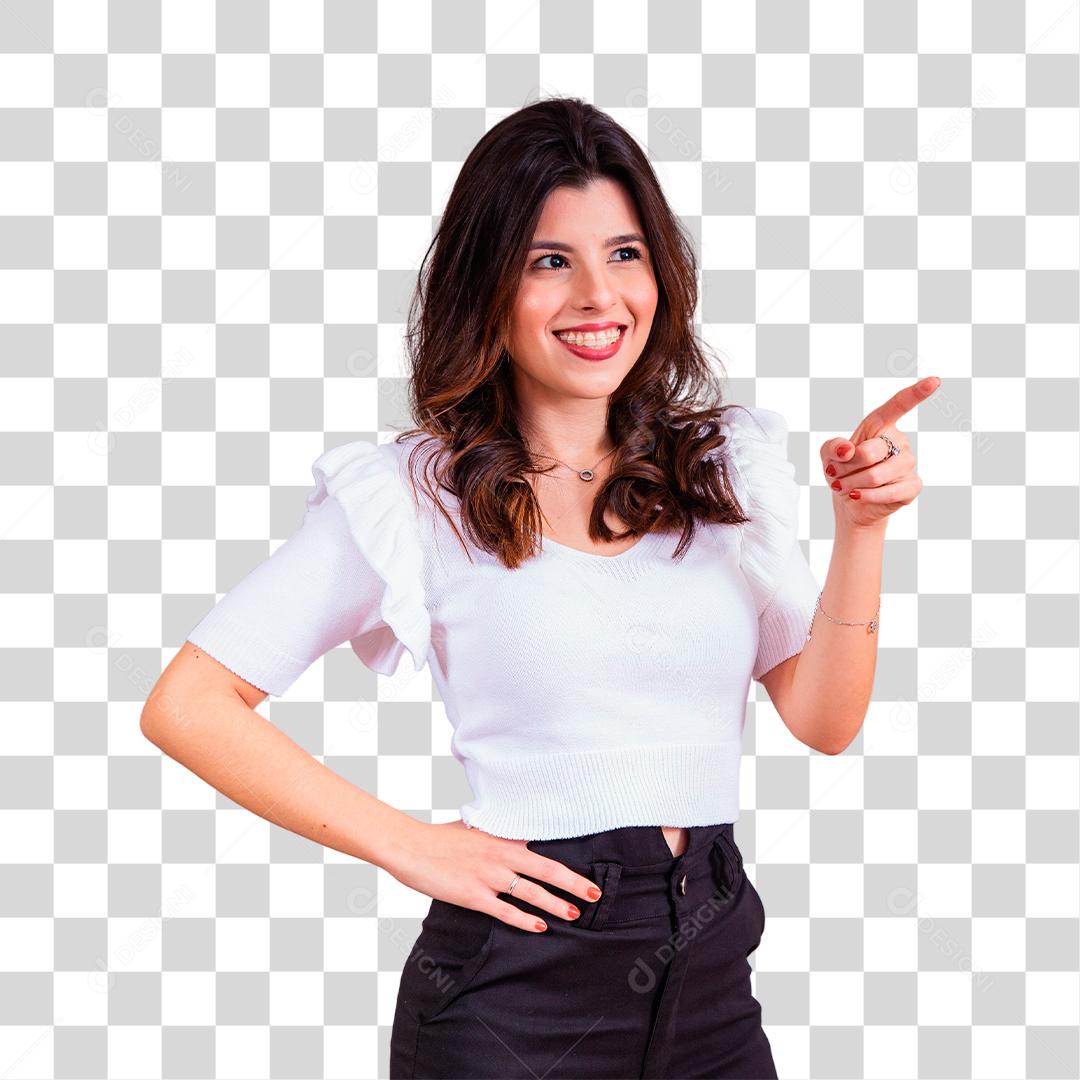 Mulher bonita com roupa branca apontado para o lado