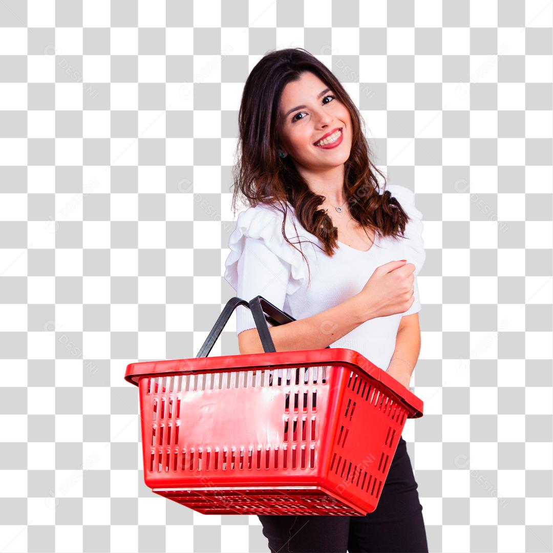 Mulher bonita com roupa branca segurando cesta de plástico para compras