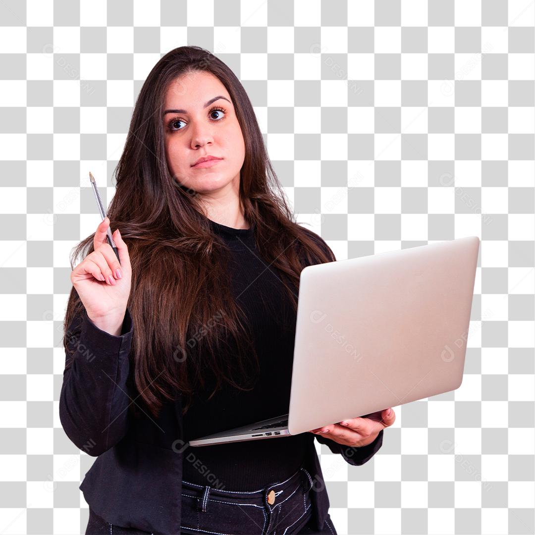 Mulher bonita de blazer preto Segurando notebook