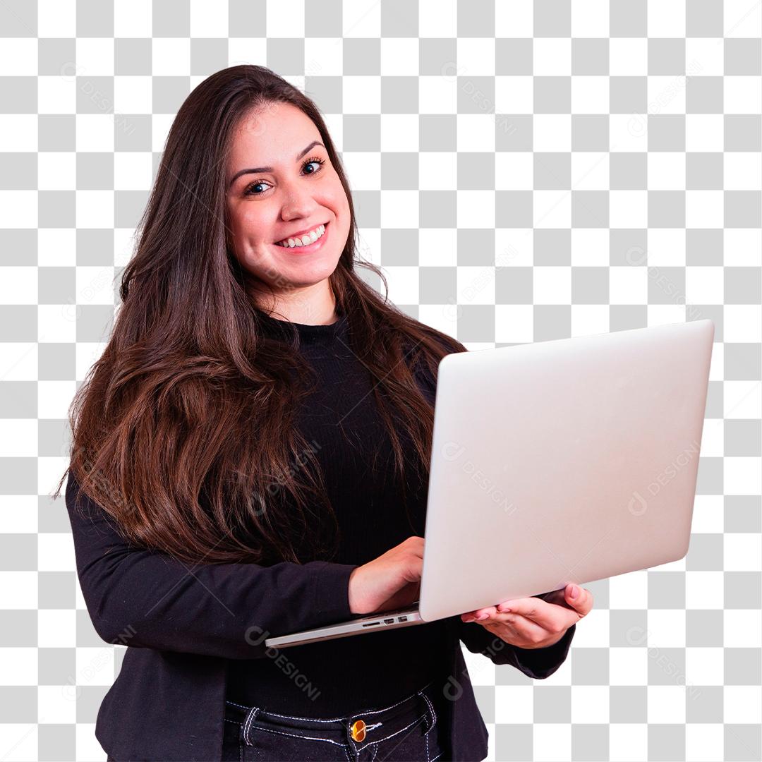 Mulher bonita de blazer preto Segurando notebook