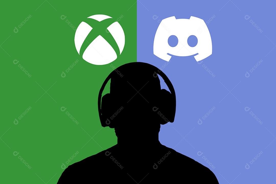 Homem com fone de ouvido olhando para o logotipo do Xbox e Discord em sua mais nova ilustração 3D de parceria