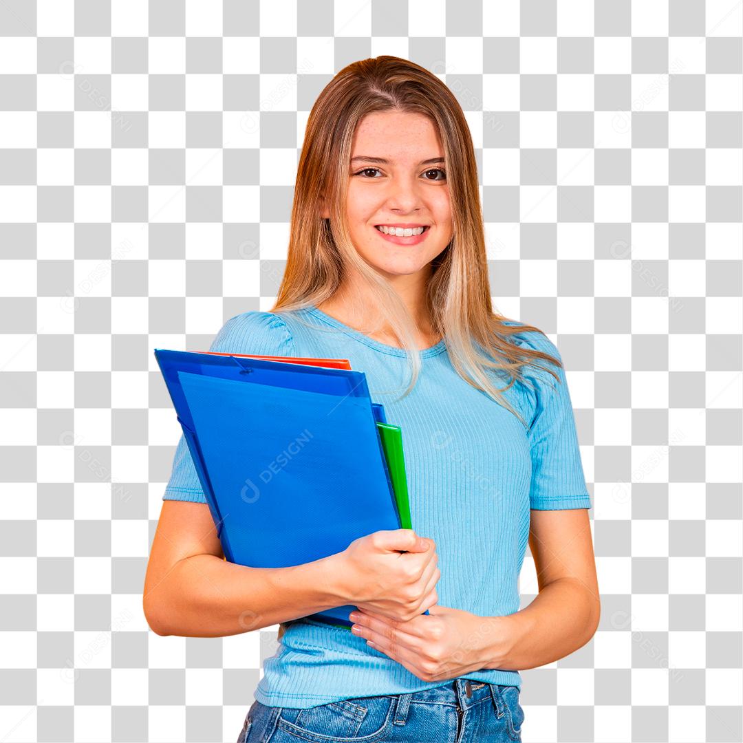 Aluna jovem Sorrindo com livros de volta para a escola