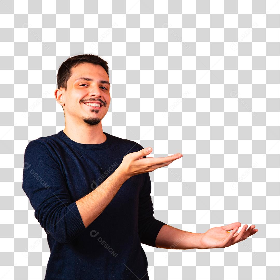 Animado rapaz apontando para espaço livre para texto.