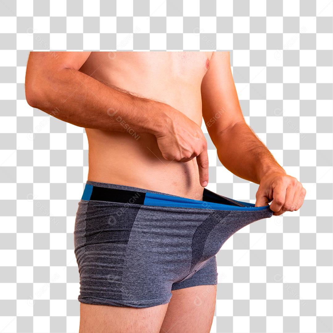 Jovem adulto puxa cueca boxer cinza escuro e apontando seus genitais