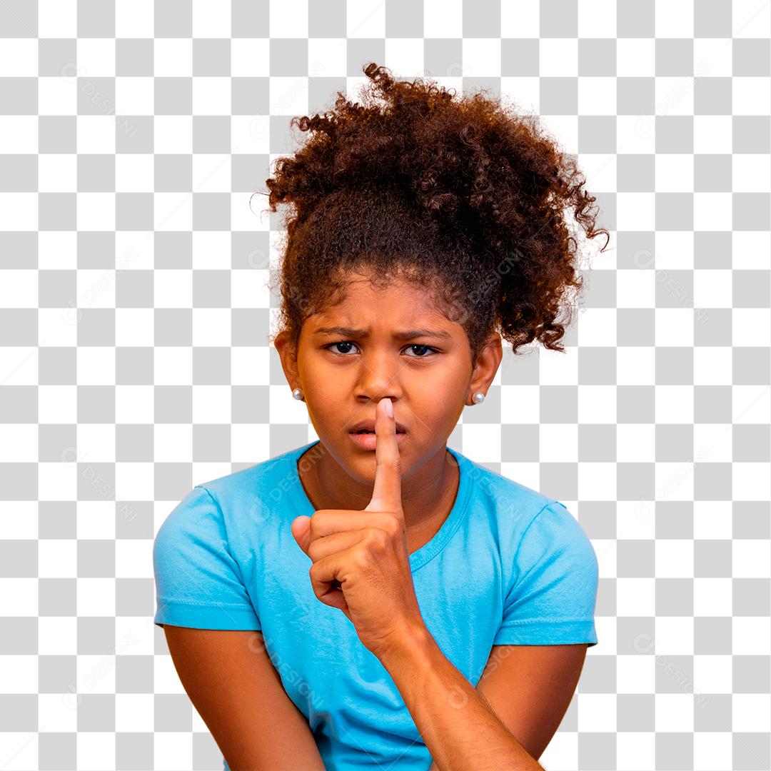 Mão masculina fazendo sinal de silêncio na boca da menina