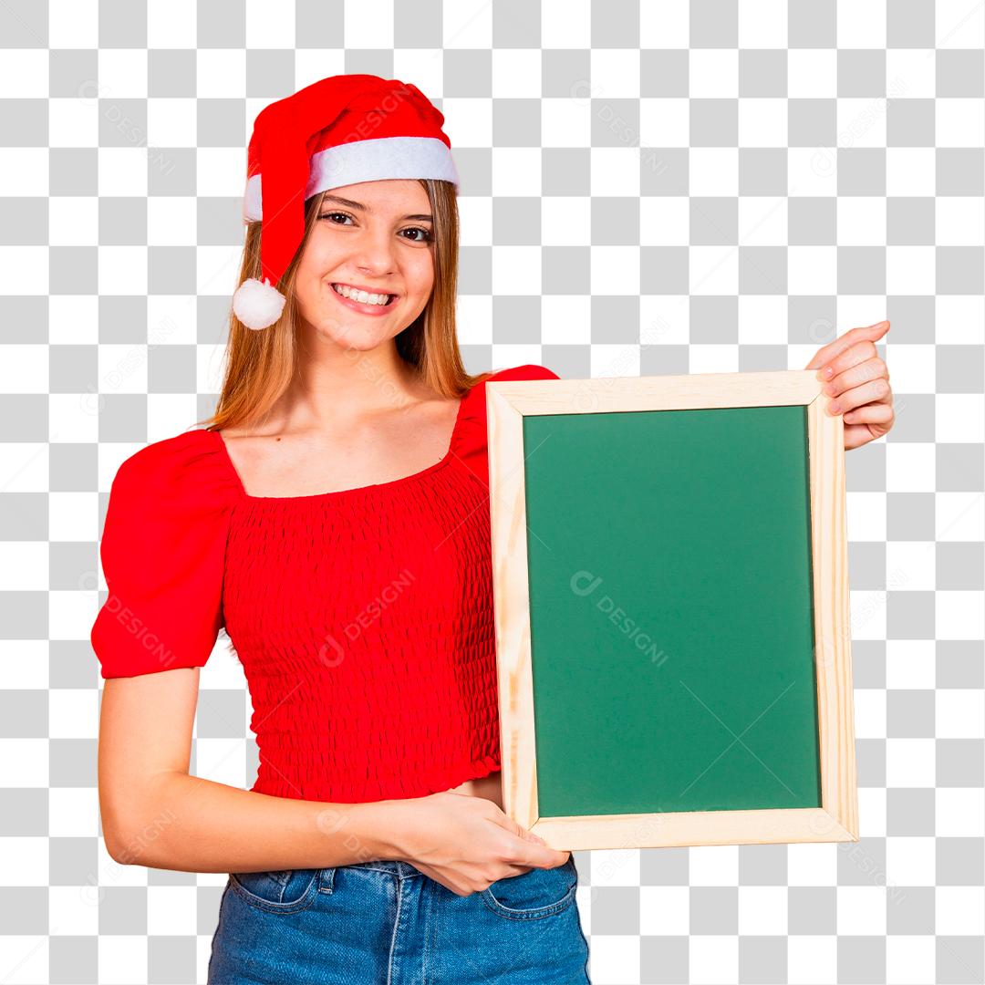 jovem loira vestida para o natal segurando um cartaz. Natal