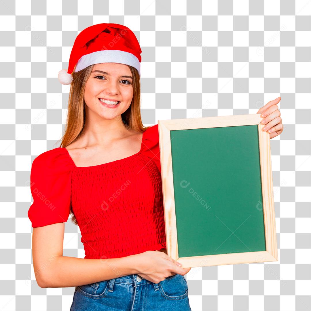 Jovem loira vestida para o natal segurando um quadro