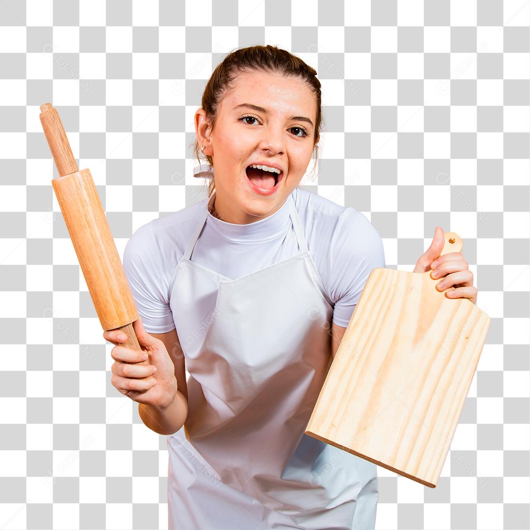 jovem mulher caucasiana com avental, tábua de carne e rolo