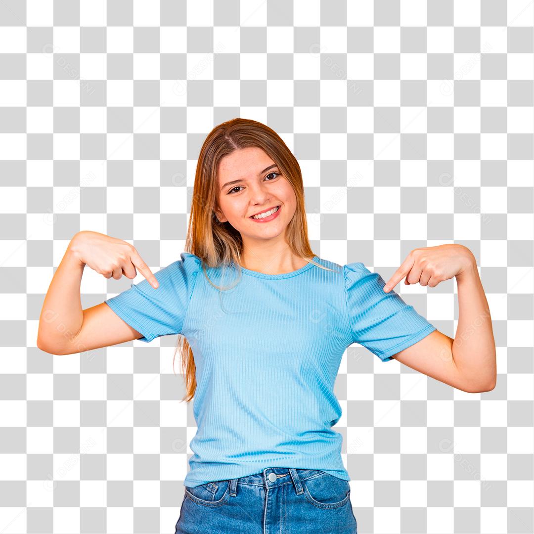 Jovem mulher caucasiana natural aponta para baixo com os dedos