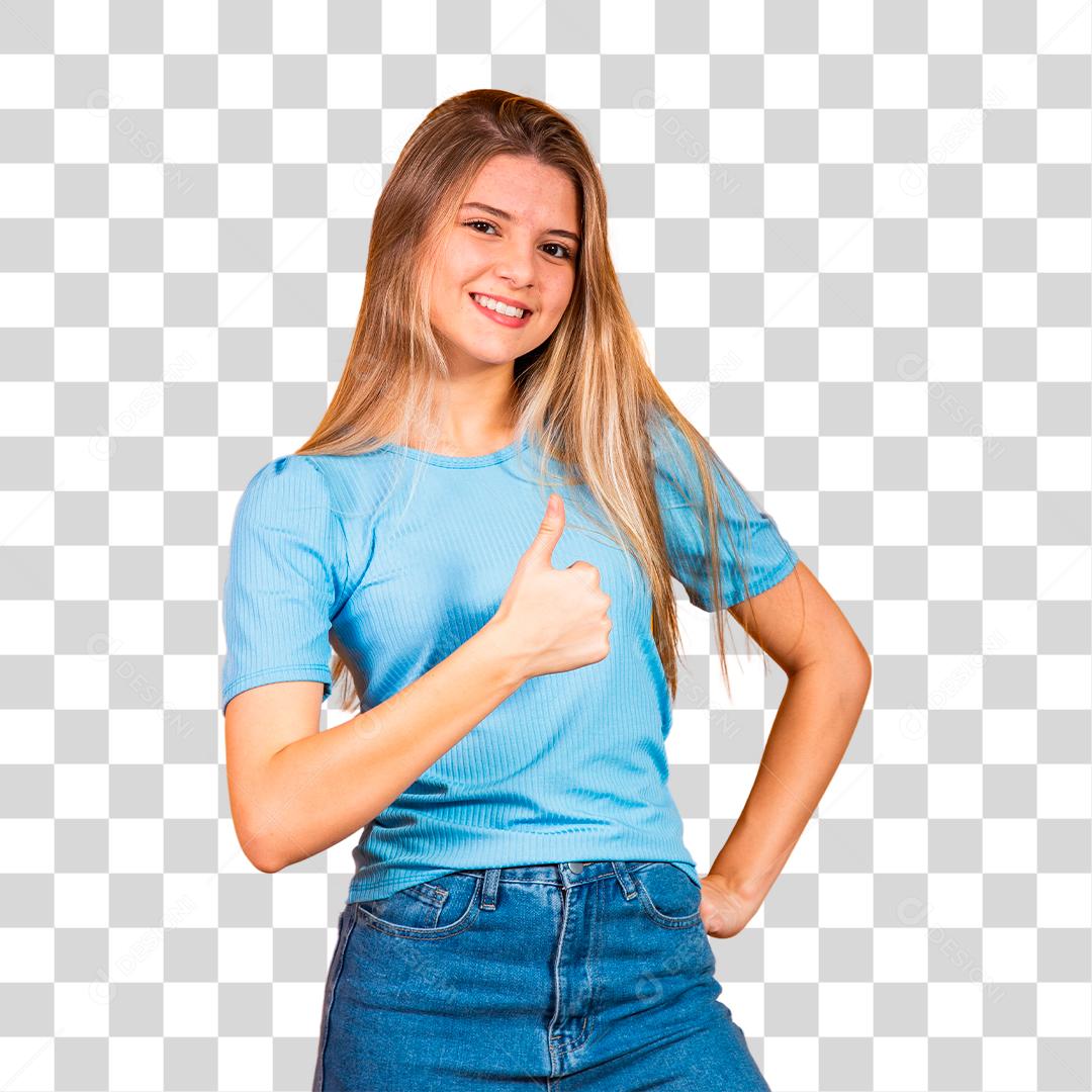 Jovem loira com o polegar para cima