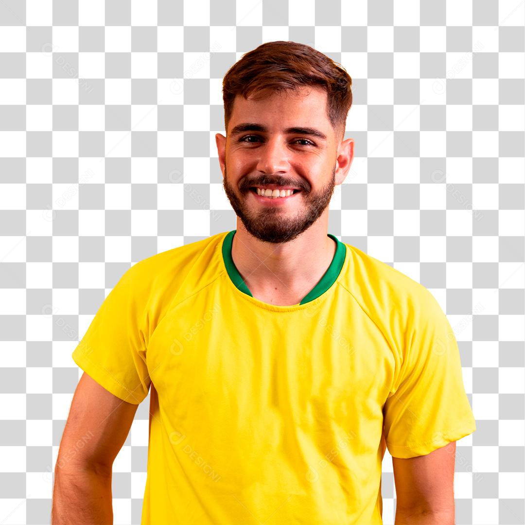 jovem rapaz bonito vestido para o jogo do brasil. homem vestido para a copa do mundo