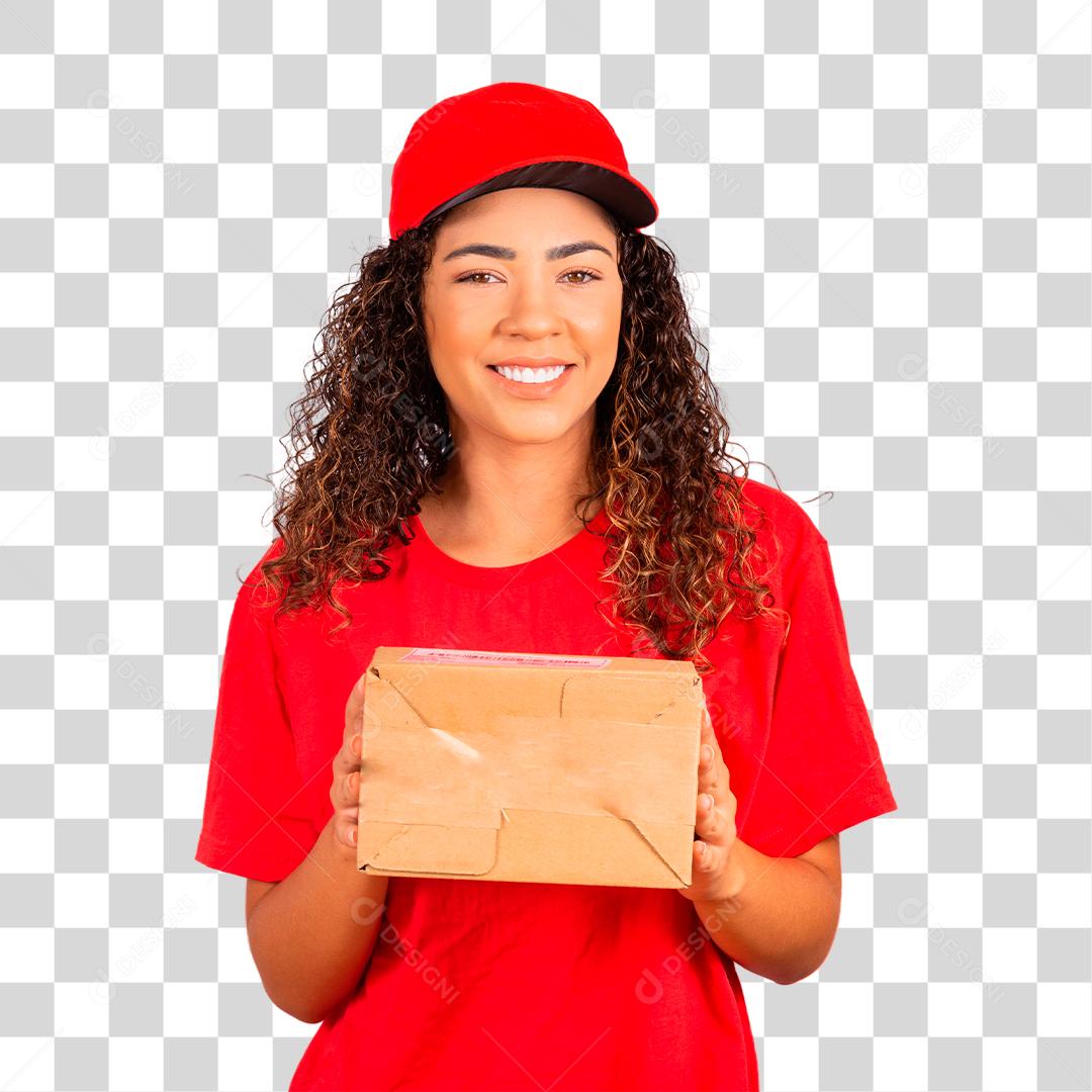 Linda jovem mensageiro entregando um pacote