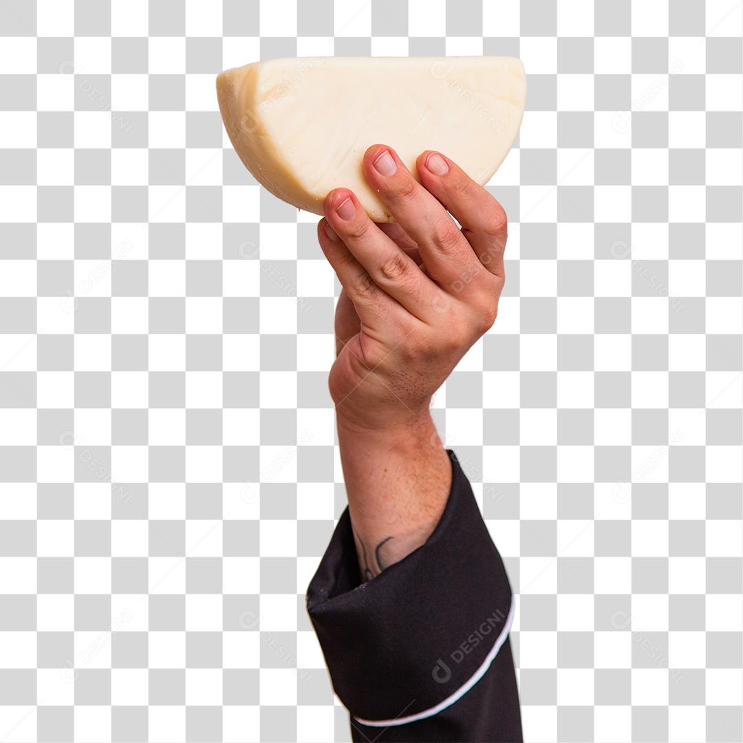 Mão segurando um pedaço de queijo .