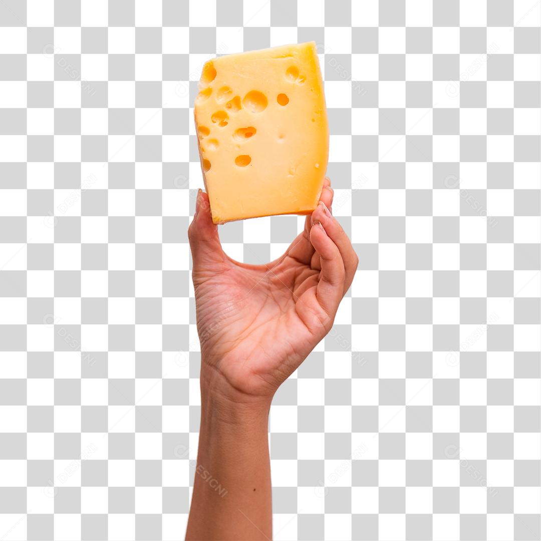 mão segurando um pedaço de queijo elementar.