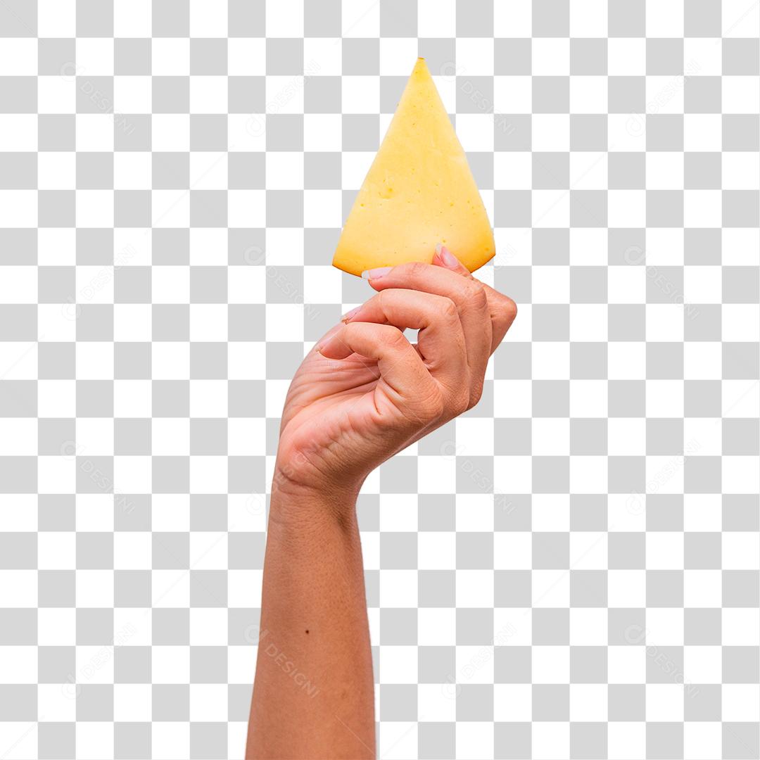 Mão segurando um pedaço de queijo provolone.