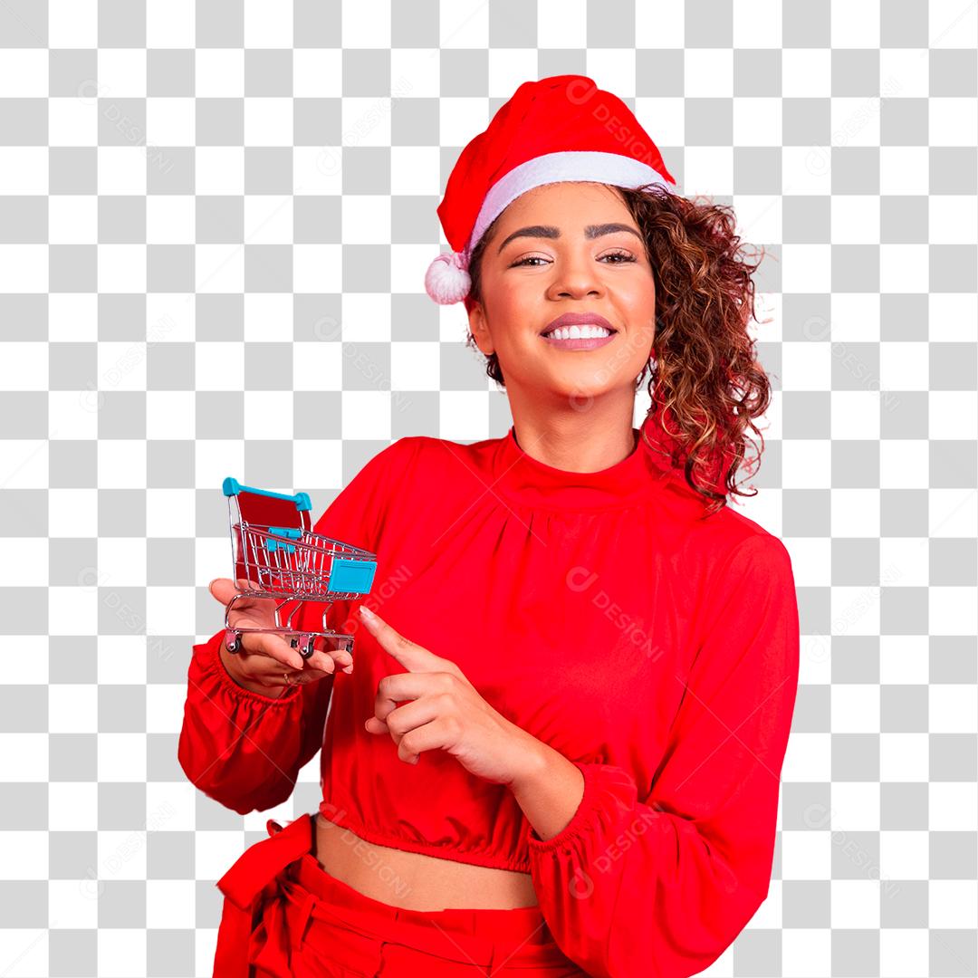 Mulher Linda jovem usando roupas vermelha com chapéu papai Noel natal segurando carrinho de compras