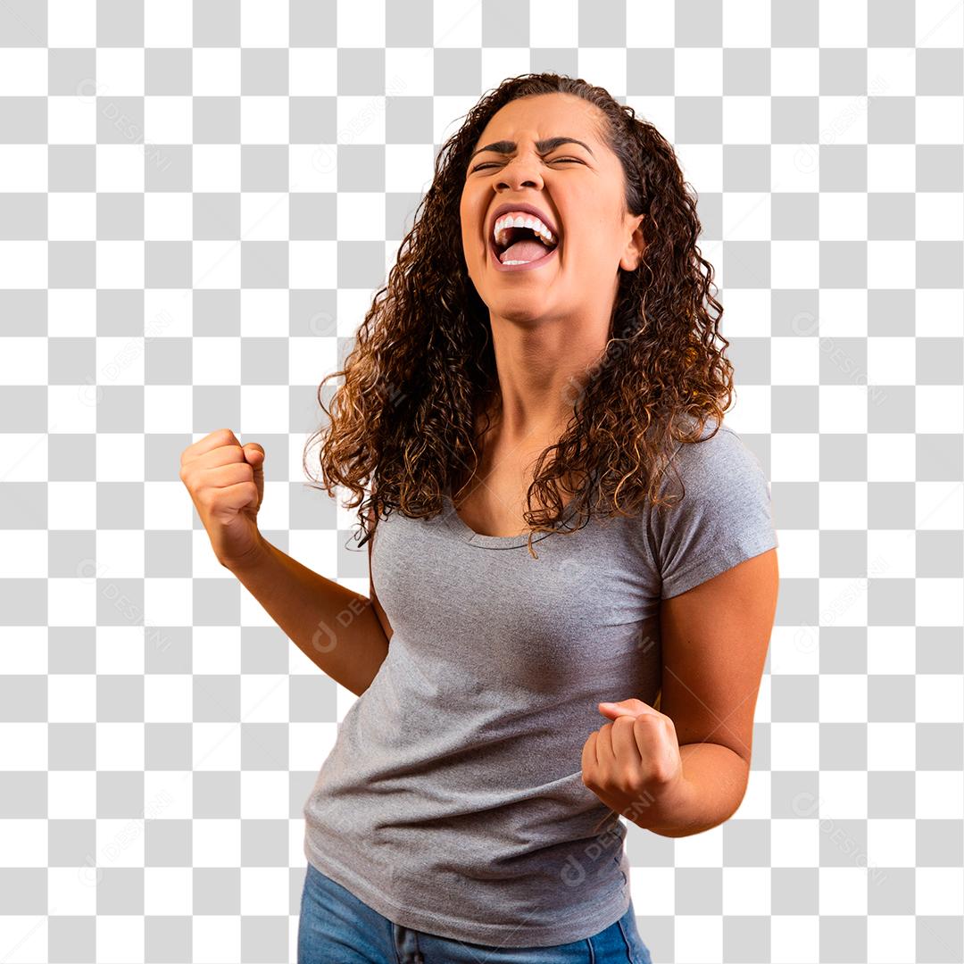 Mulher linda fazendo gesto comemorativo