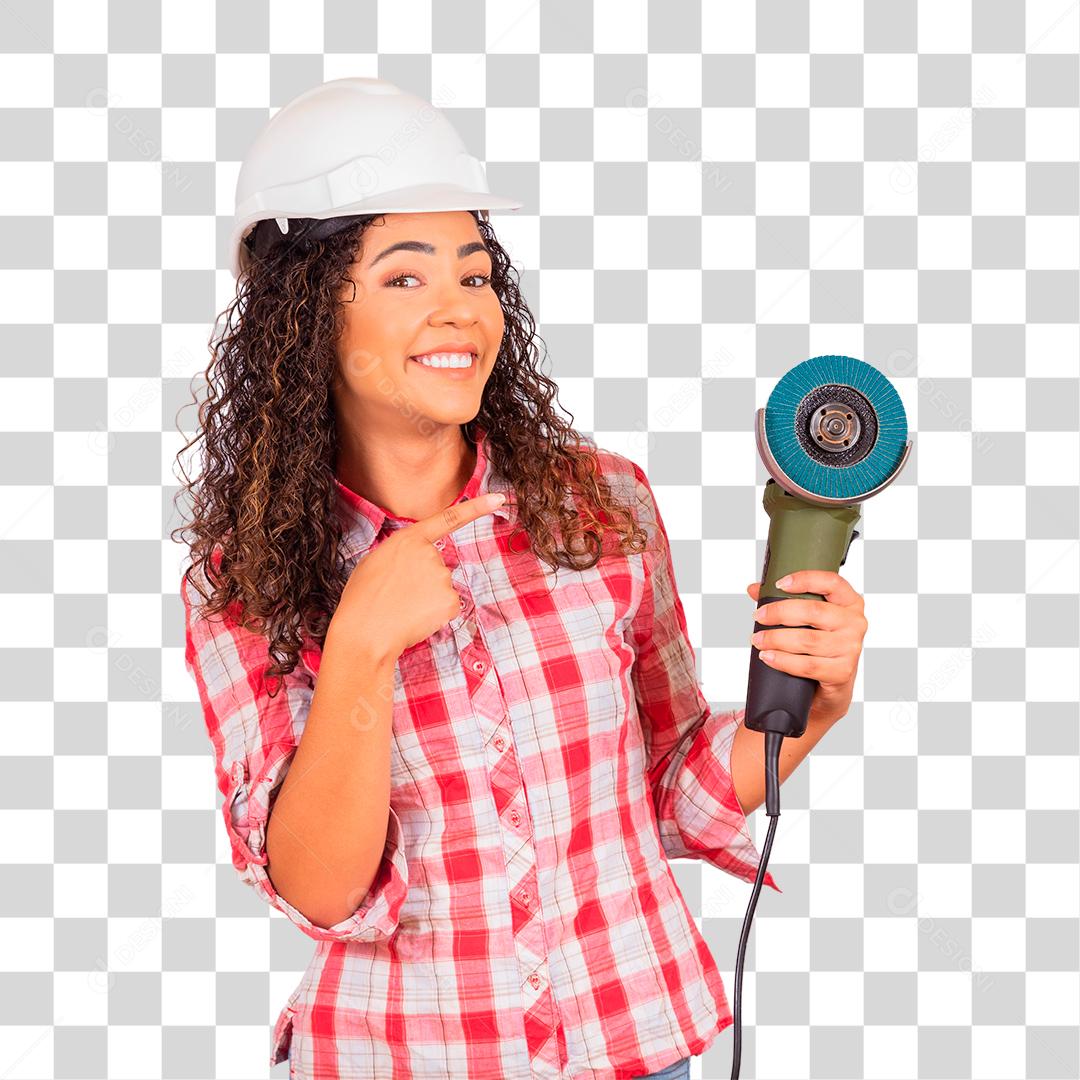 Linda mulher segurando maquina usando capacete branco