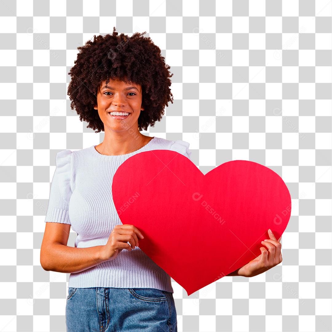 Linda mulher cabelo afro segurando coração de pelúcia