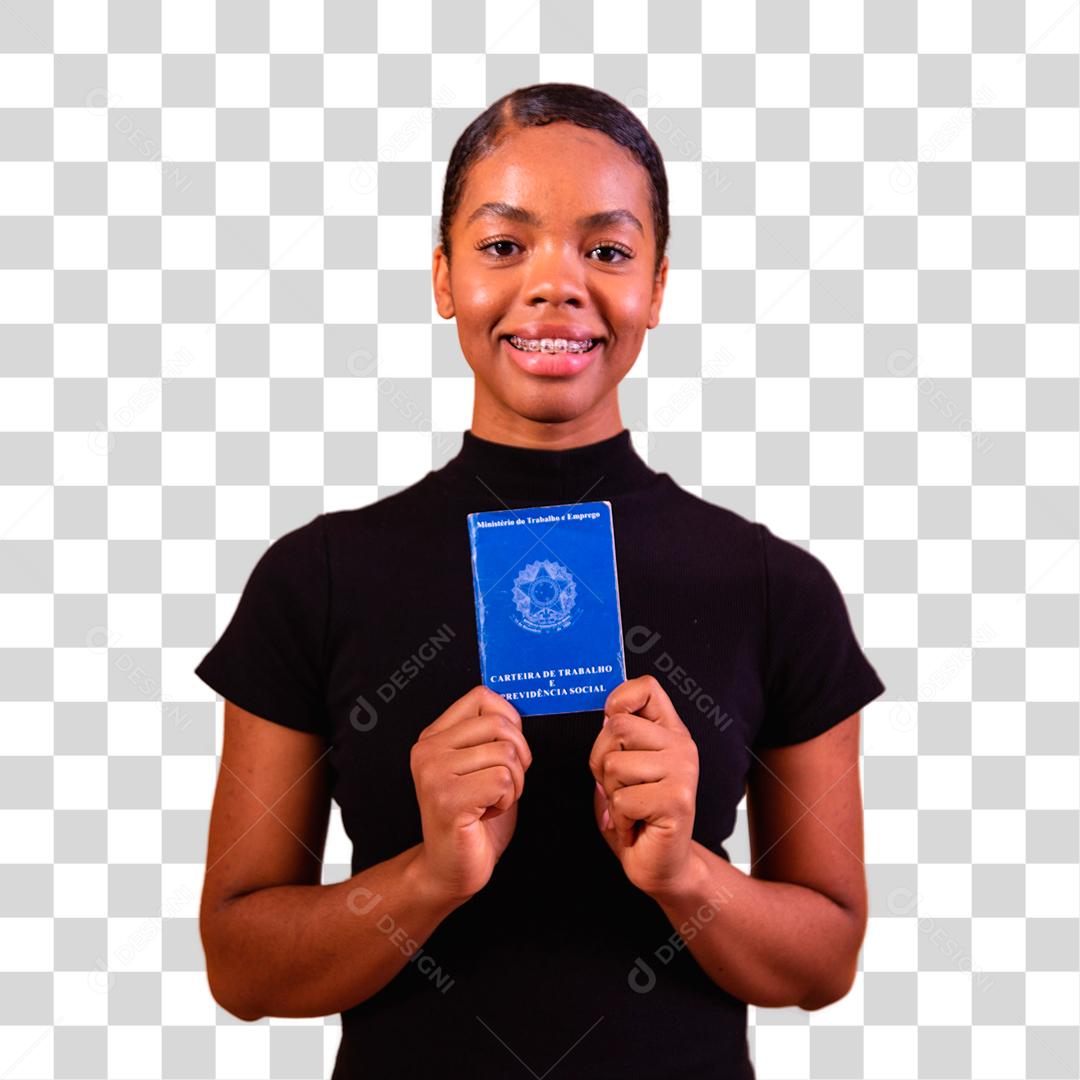 Mulher linda segurando carteira de trabalho