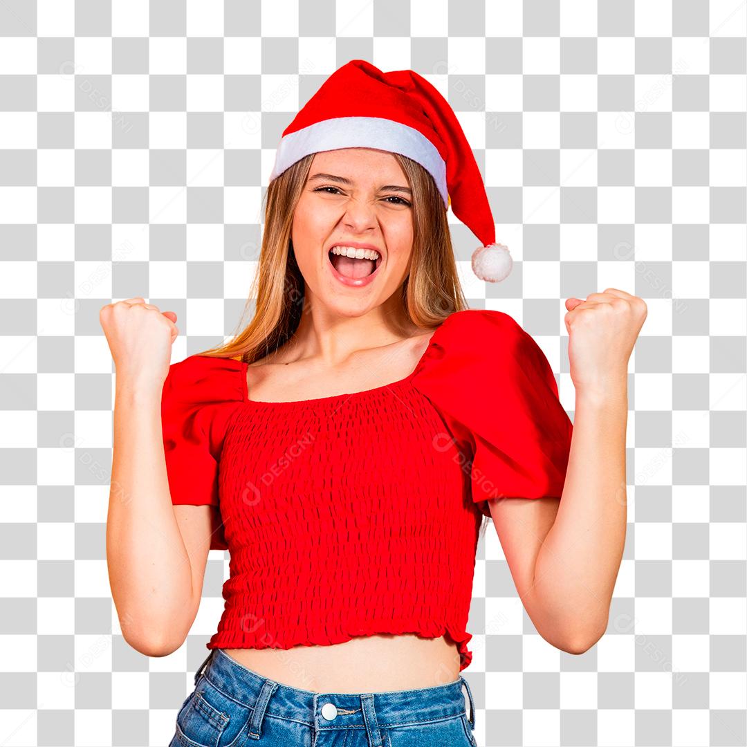linda mulher usando chapeu papai noel natal