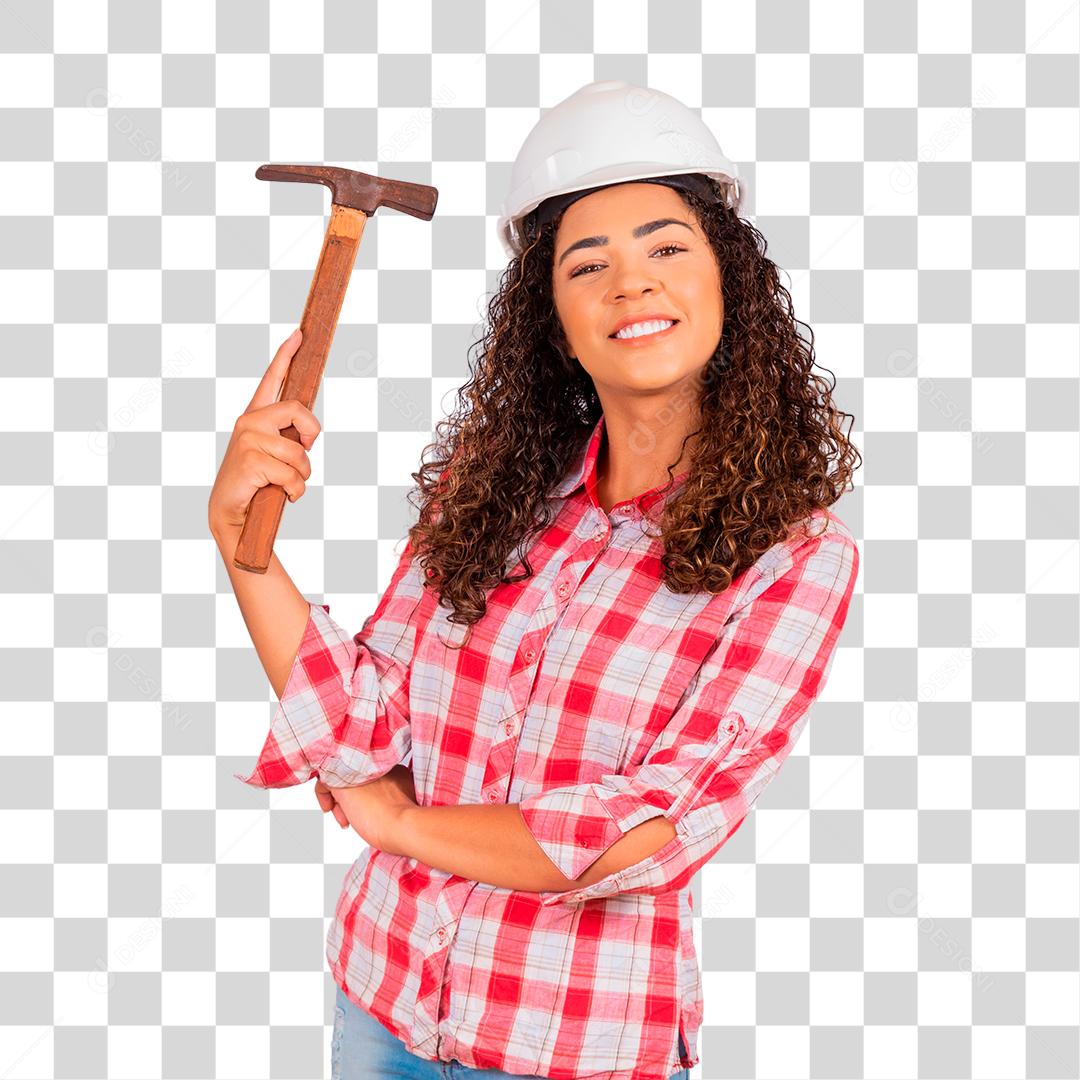 Linda mulher segurando ferramenta usando capacete branco