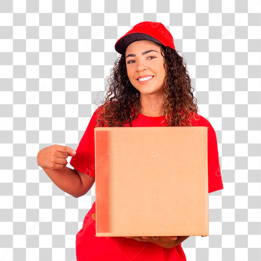 Linda mulher segurando caixa encomendas comida entregas delivery