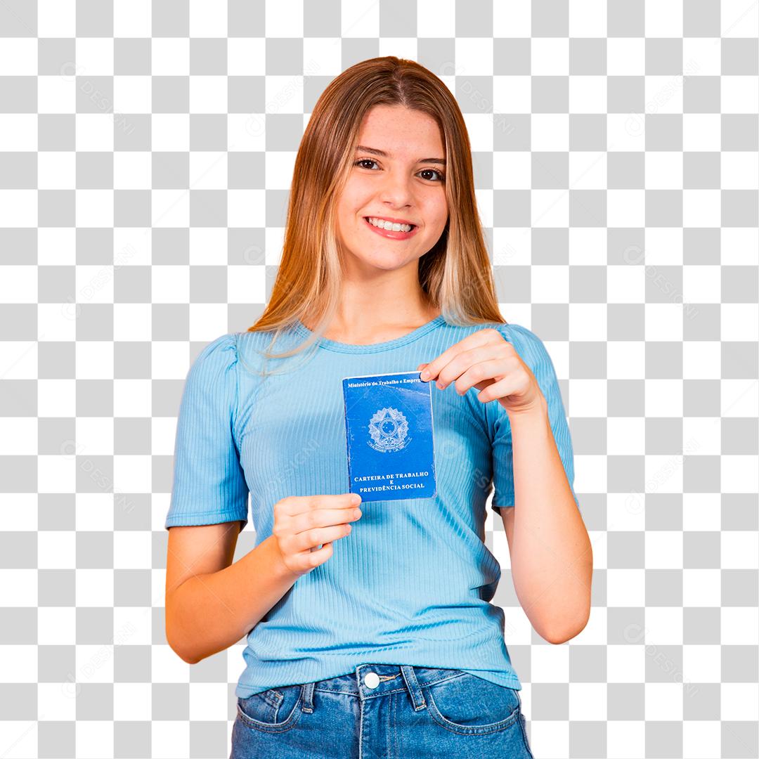 Mulher linda segurando carteira de trabalho