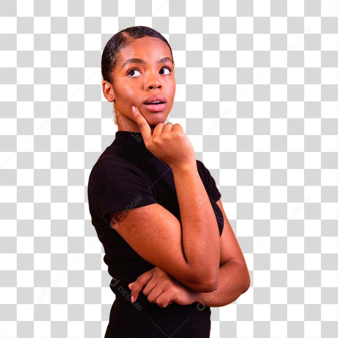 Mulher morena pensando e confusa