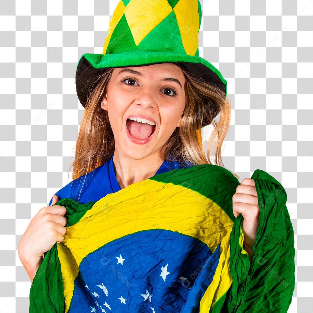 Mulher Torcedora do brasil com chapéu e bandeira e expressão de felicidade
